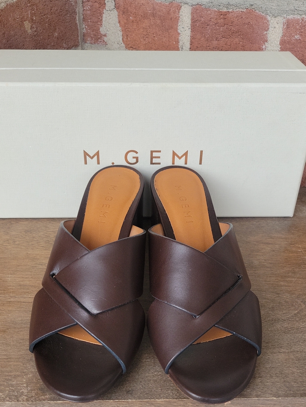 M. Gemi Brown Leather Crisscross Slide Mules
